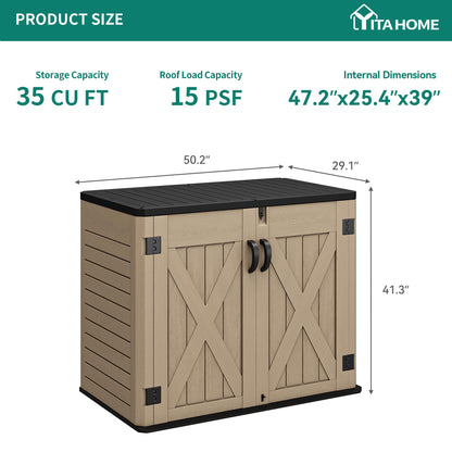 YITAHOME Outdoor Horizontal Storage Shed with X-Shaped Lockable Door, 35 Cu Ft Weather Resistant Resin Tool Shed w/o Shelf, Ideal for Bike, Trash Cans, Garden Tools, Lawn Mowers, Brown - CookCave