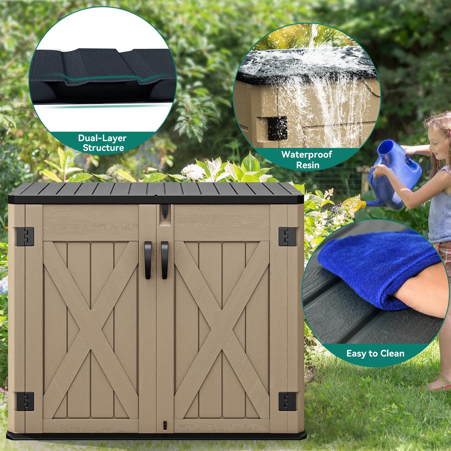 YITAHOME Outdoor Horizontal Storage Shed with X-Shaped Lockable Door, 35 Cu Ft Weather Resistant Resin Tool Shed w/o Shelf, Ideal for Bike, Trash Cans, Garden Tools, Lawn Mowers, Brown - CookCave