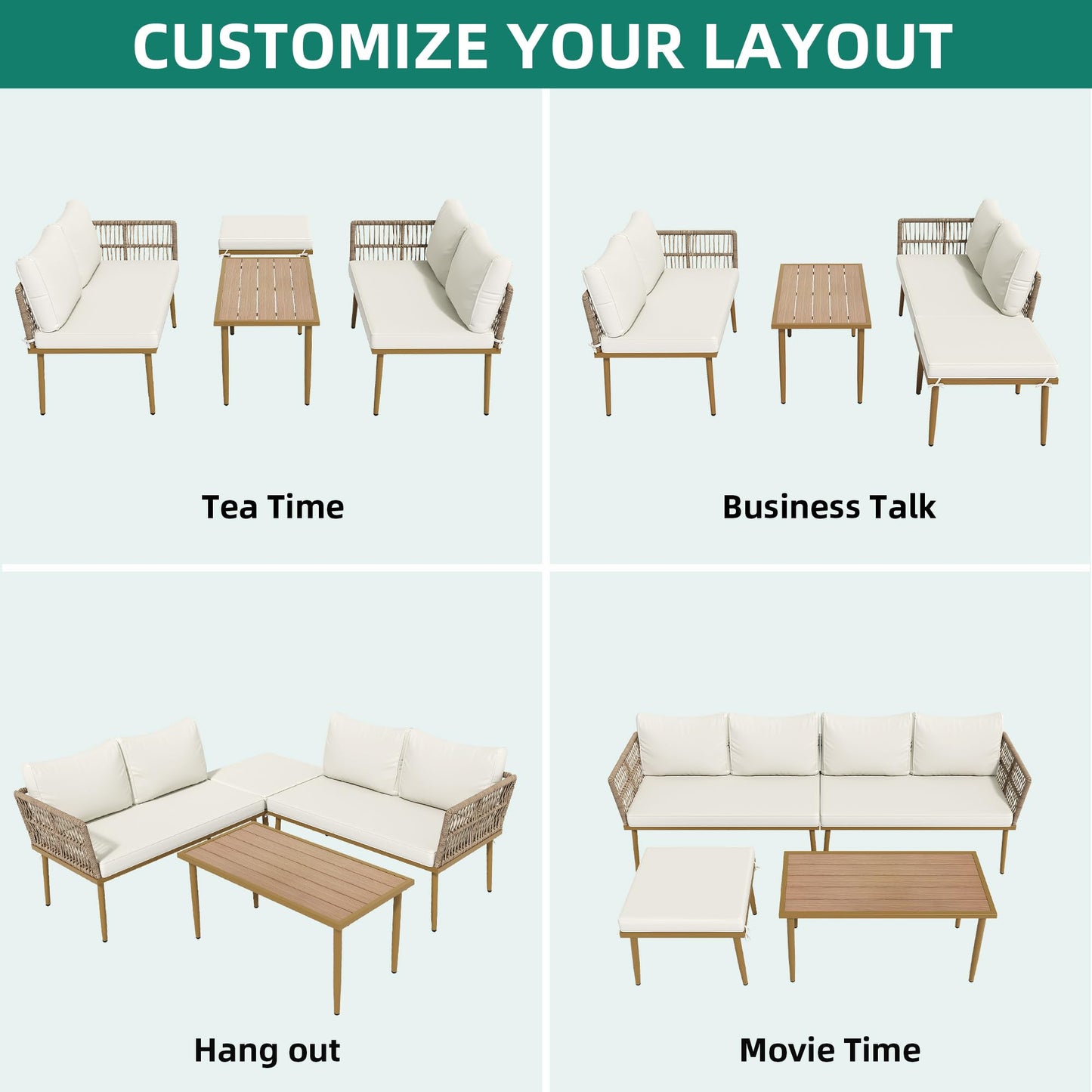 YITAHOME Patio Furniture Set, 6 Pieces Outdoor Rattan Woven Sectional Sofa Patio Loveseat with Ottoman and and Side Table, Conversation Set for Backyard, Porch, Boho - Beige - CookCave