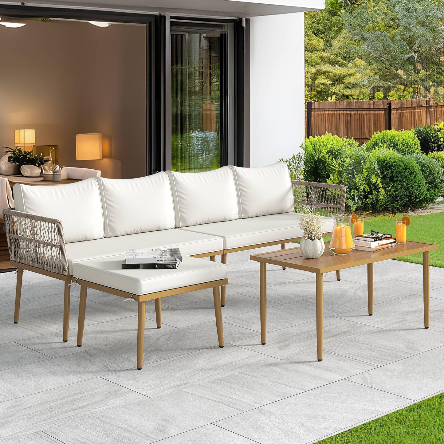 YITAHOME Patio Furniture Set, 6 Pieces Outdoor Rattan Woven Sectional Sofa Patio Loveseat with Ottoman and and Side Table, Conversation Set for Backyard, Porch, Boho - Beige - CookCave