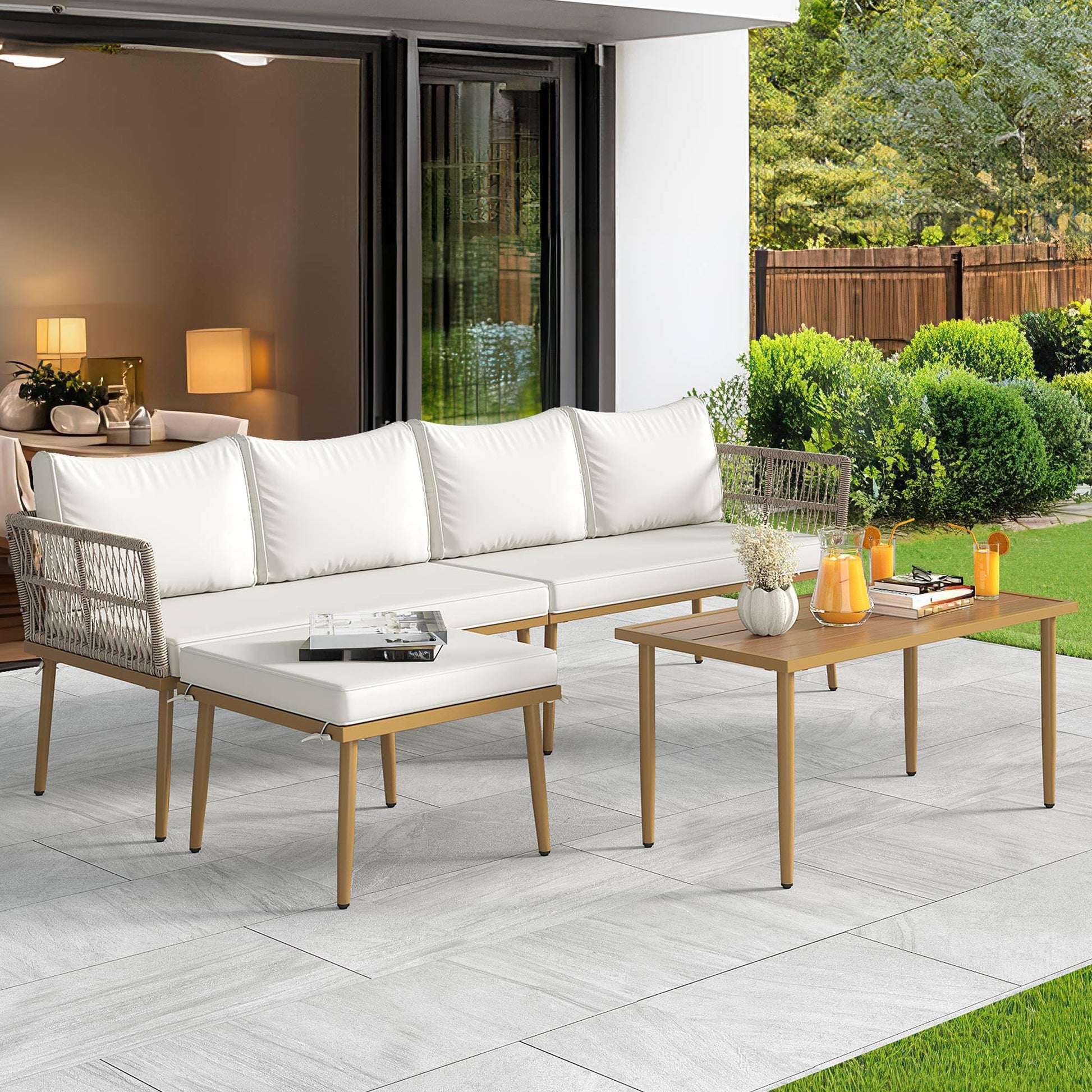 YITAHOME Patio Furniture Set, 6 Pieces Outdoor Rattan Woven Sectional Sofa Patio Loveseat with Ottoman and and Side Table, Conversation Set for Backyard, Porch, Boho - Beige - CookCave