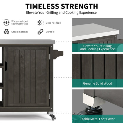 YITAHOME Solid Wood Patio Bar Table XL Outdoor Storage Cabinet Bar Table with Spice Rack and Lockable Wheels, Portable Outdoor Kitchen Island for Patio, Garden, Porch, Balcony, Brown - CookCave