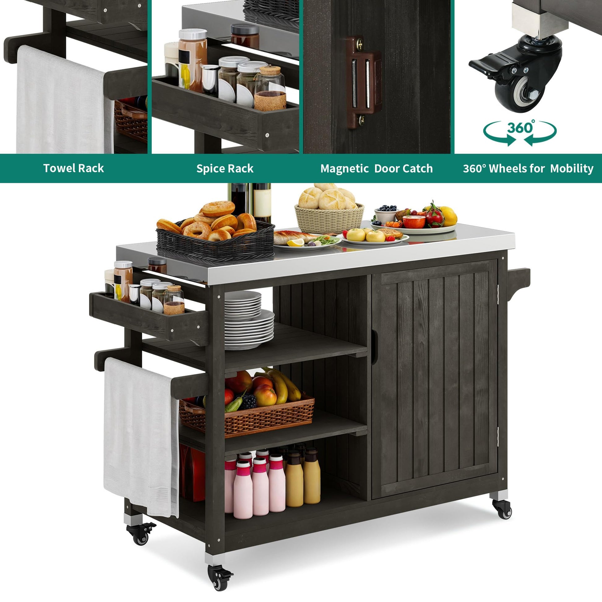 YITAHOME Solid Wood Patio Bar Table XL Outdoor Storage Cabinet Bar Table with Spice Rack and Lockable Wheels, Portable Outdoor Kitchen Island for Patio, Garden, Porch, Balcony, Brown - CookCave