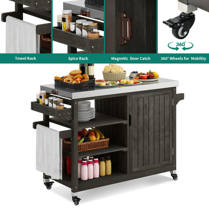 YITAHOME Solid Wood Patio Bar Table XL Outdoor Storage Cabinet Bar Table with Spice Rack and Lockable Wheels, Portable Outdoor Kitchen Island for Patio, Garden, Porch, Balcony, Brown - CookCave