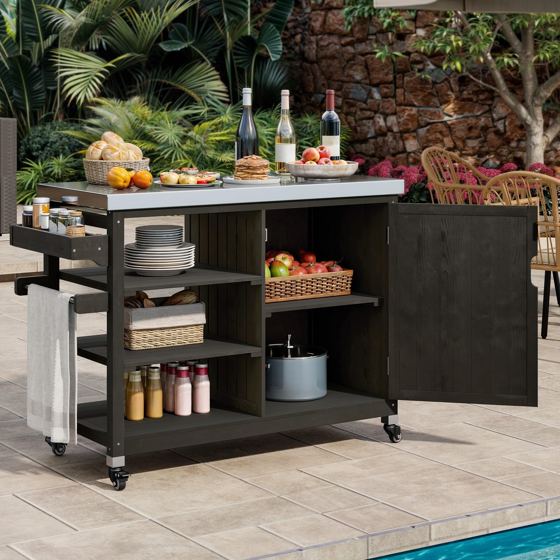 YITAHOME Solid Wood Patio Bar Table XL Outdoor Storage Cabinet Bar Table with Spice Rack and Lockable Wheels, Portable Outdoor Kitchen Island for Patio, Garden, Porch, Balcony, Brown - CookCave