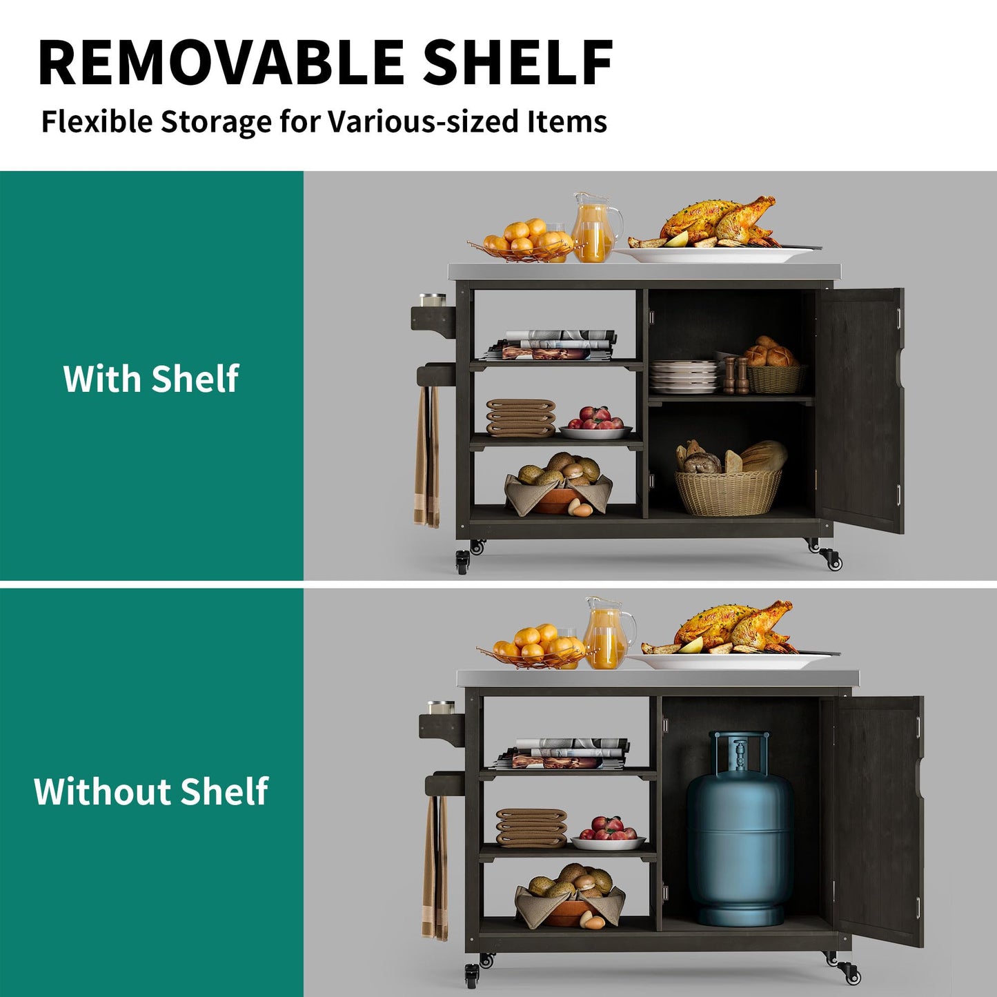 YITAHOME Solid Wood Patio Bar Table XL Outdoor Storage Cabinet Bar Table with Spice Rack and Lockable Wheels, Portable Outdoor Kitchen Island for Patio, Garden, Porch, Balcony, Brown - CookCave