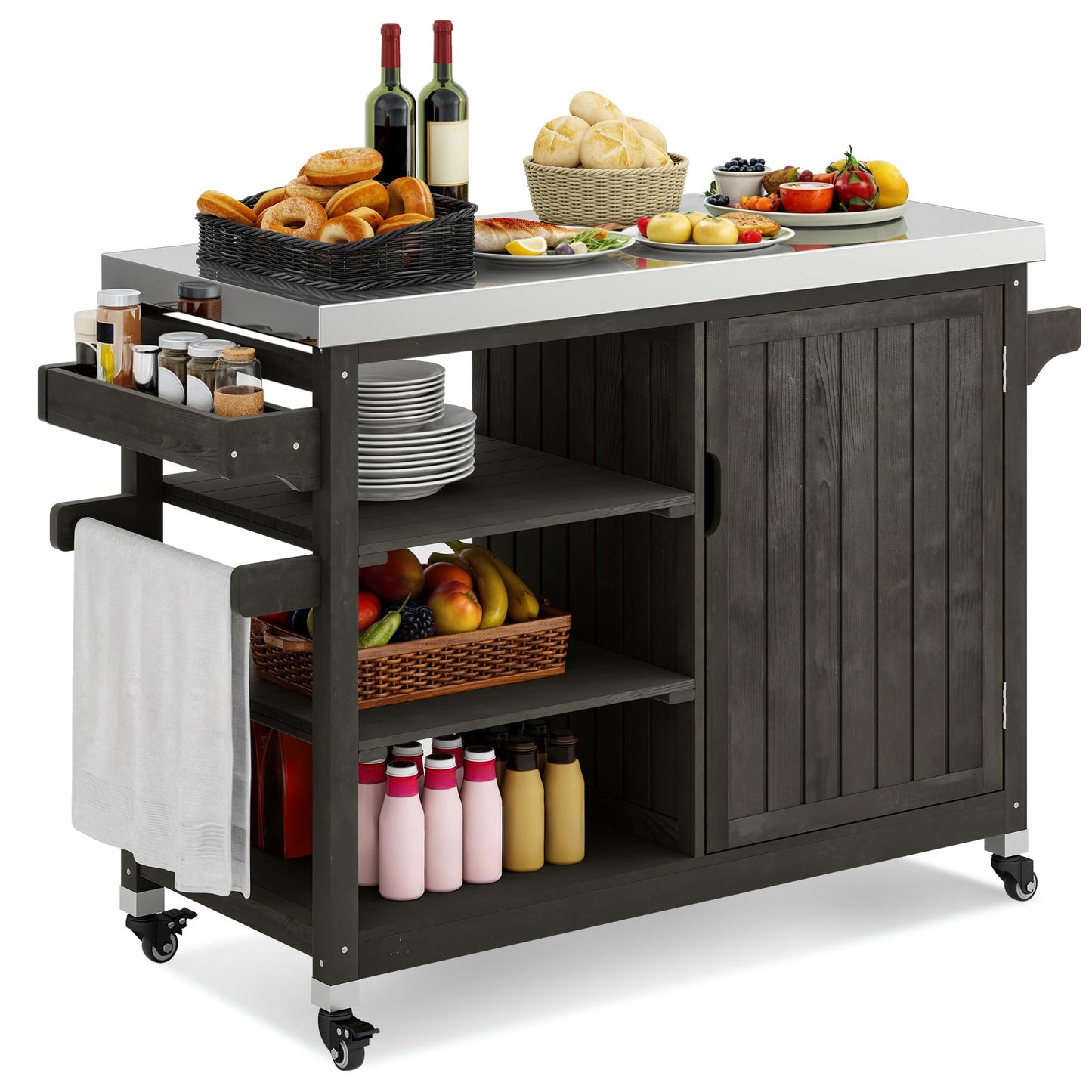 YITAHOME Solid Wood Patio Bar Table XL Outdoor Storage Cabinet Bar Table with Spice Rack and Lockable Wheels, Portable Outdoor Kitchen Island for Patio, Garden, Porch, Balcony, Brown - CookCave