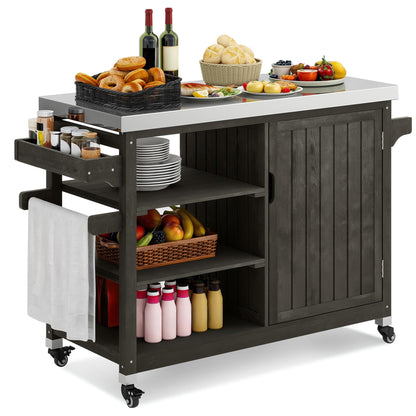 YITAHOME Solid Wood Patio Bar Table XL Outdoor Storage Cabinet Bar Table with Spice Rack and Lockable Wheels, Portable Outdoor Kitchen Island for Patio, Garden, Porch, Balcony, Brown - CookCave