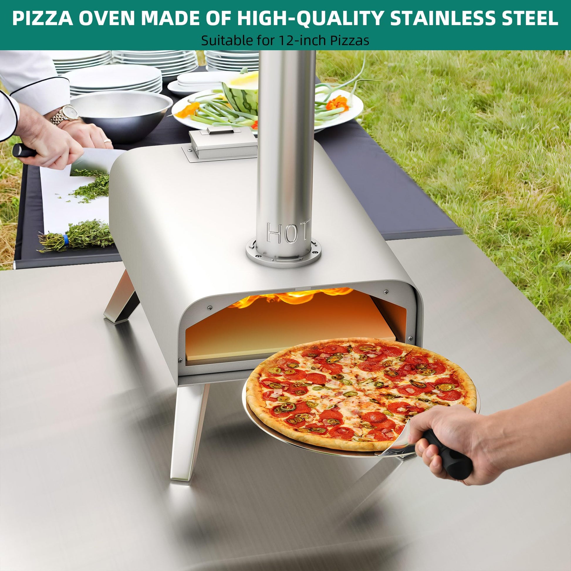 YITAHOME Wood Fired Outdoor Pizza Oven, 12" Portable Pellet Pizza Ovens with Pizza Peel & Pizza Cutter, Woodfire Pizza Maker for Outside Kitchen Cooking Stainless Steel Silver - CookCave