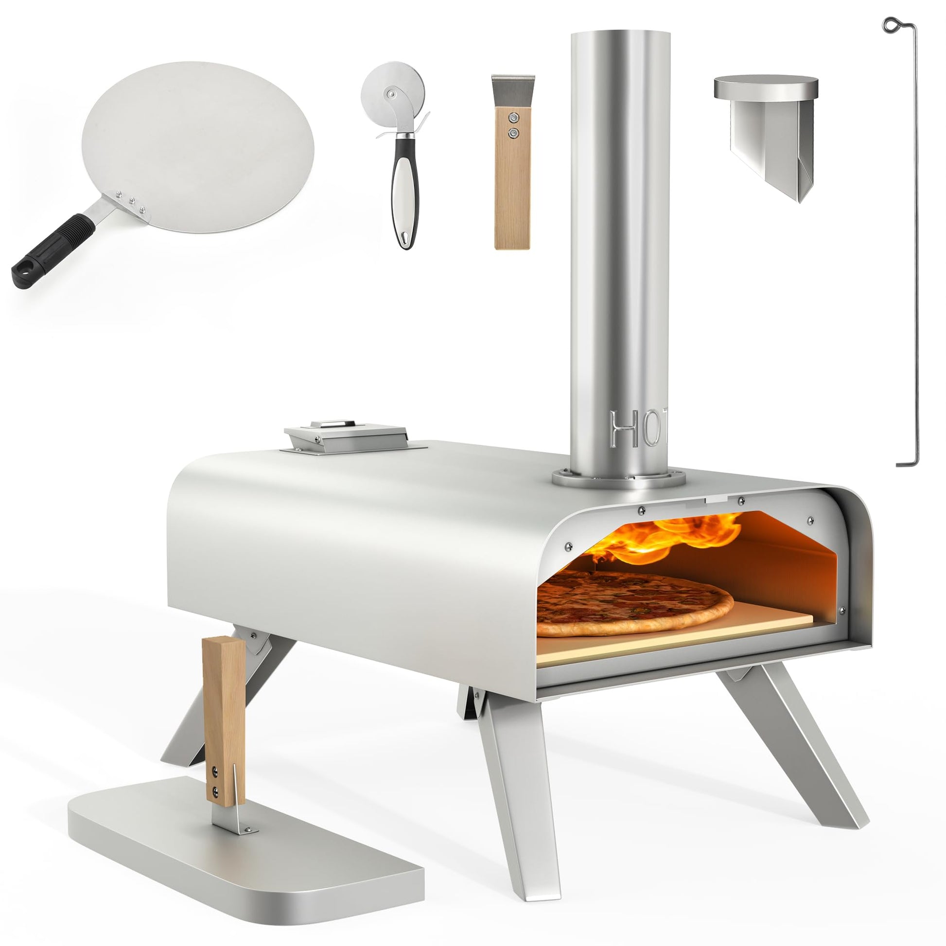 YITAHOME Wood Fired Outdoor Pizza Oven, 12" Portable Pellet Pizza Ovens with Pizza Peel & Pizza Cutter, Woodfire Pizza Maker for Outside Kitchen Cooking Stainless Steel Silver - CookCave