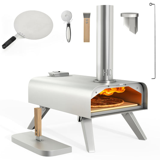 YITAHOME Wood Fired Outdoor Pizza Oven, 12" Portable Pellet Pizza Ovens with Pizza Peel & Pizza Cutter, Woodfire Pizza Maker for Outside Kitchen Cooking Stainless Steel Silver - CookCave