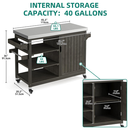 YITAHOME XL Solid Wood Outdoor Grill Cart Storage Cabinet with Stainless Steel Table Top and Spice Rack, 53.74’’ L x 20.27’’ W Patio Bar Cart, Outdoor Kitchen with Lockable Wheels, Single Door Brown - CookCave