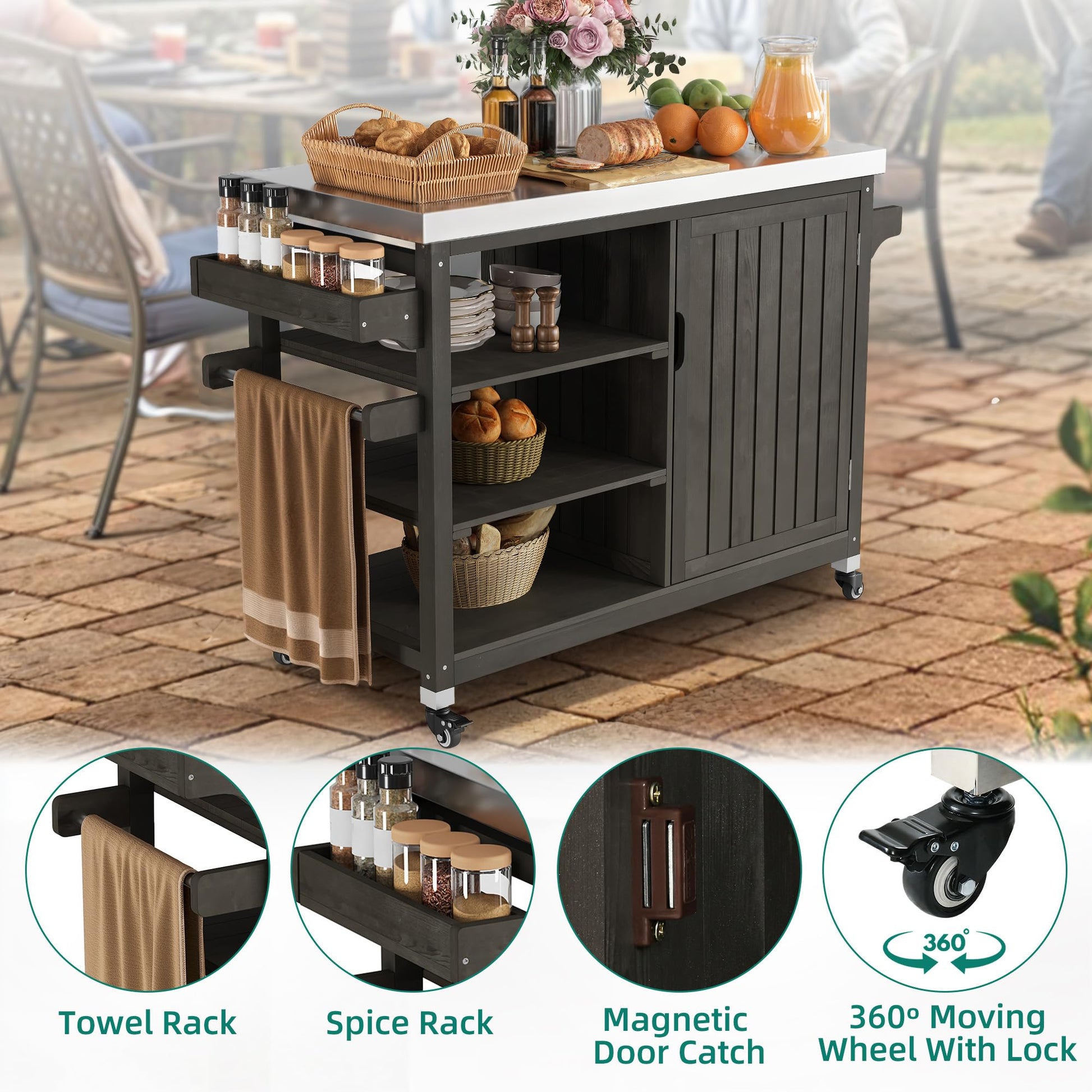 YITAHOME XL Solid Wood Outdoor Grill Cart Storage Cabinet with Stainless Steel Table Top and Spice Rack, 53.74’’ L x 20.27’’ W Patio Bar Cart, Outdoor Kitchen with Lockable Wheels, Single Door Brown - CookCave