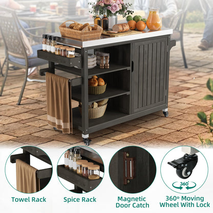 YITAHOME XL Solid Wood Outdoor Grill Cart Storage Cabinet with Stainless Steel Table Top and Spice Rack, 53.74’’ L x 20.27’’ W Patio Bar Cart, Outdoor Kitchen with Lockable Wheels, Single Door Brown - CookCave