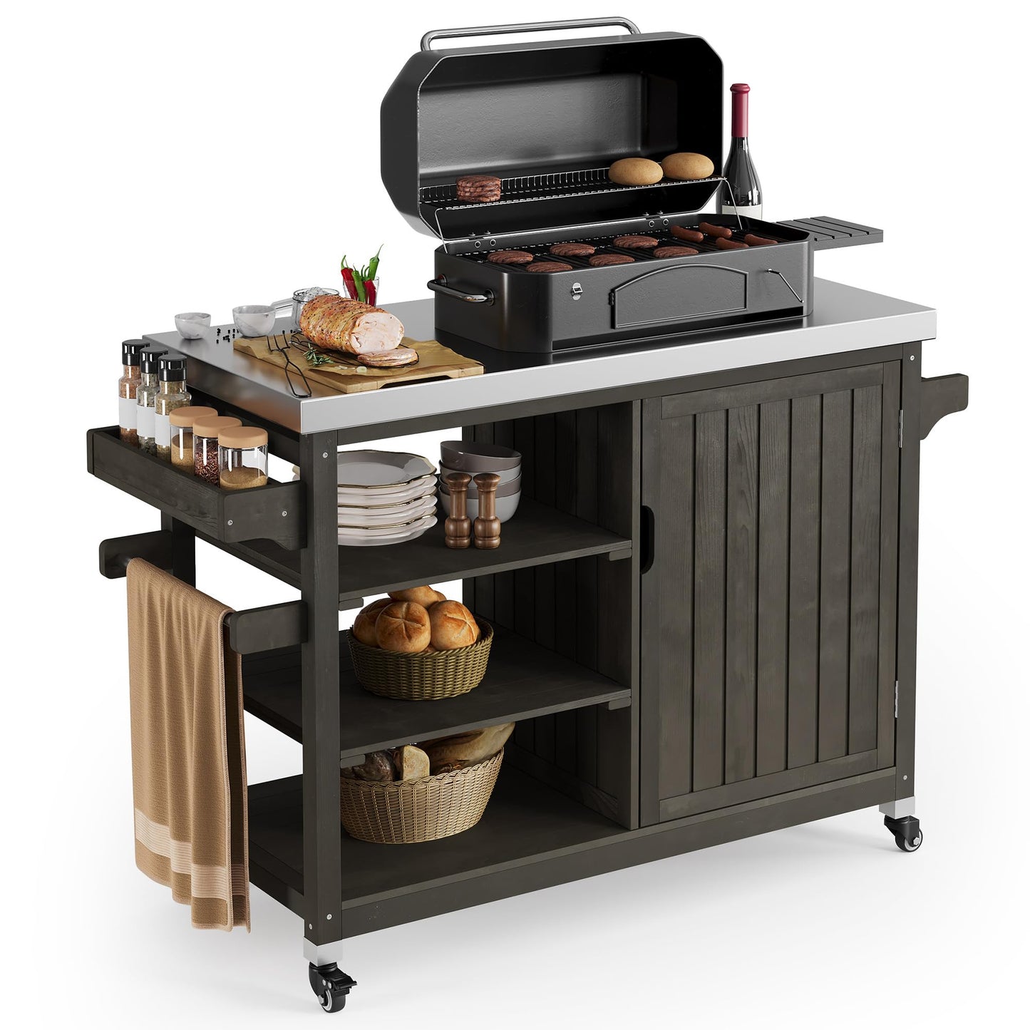 YITAHOME XL Solid Wood Outdoor Grill Cart Storage Cabinet with Stainless Steel Table Top and Spice Rack, 53.74’’ L x 20.27’’ W Patio Bar Cart, Outdoor Kitchen with Lockable Wheels, Single Door Brown - CookCave