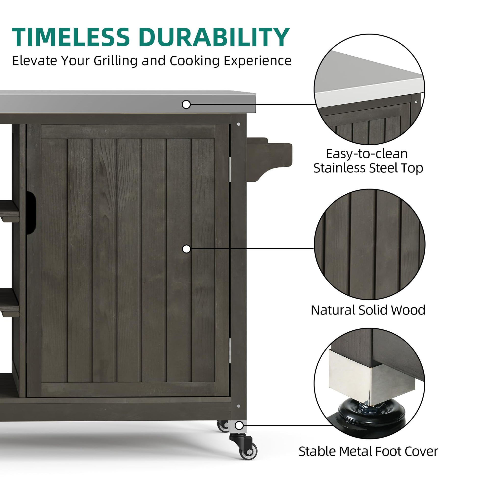 YITAHOME XL Solid Wood Outdoor Grill Cart Storage Cabinet with Stainless Steel Table Top and Spice Rack, 53.74’’ L x 20.27’’ W Patio Bar Cart, Outdoor Kitchen with Lockable Wheels, Single Door Brown - CookCave