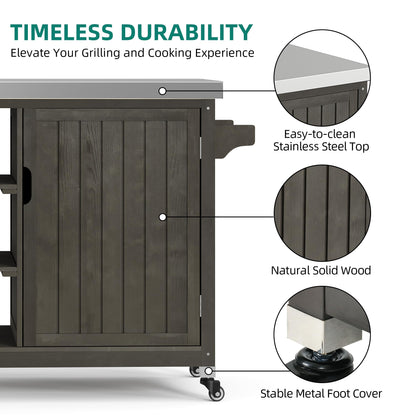 YITAHOME XL Solid Wood Outdoor Grill Cart Storage Cabinet with Stainless Steel Table Top and Spice Rack, 53.74’’ L x 20.27’’ W Patio Bar Cart, Outdoor Kitchen with Lockable Wheels, Single Door Brown - CookCave