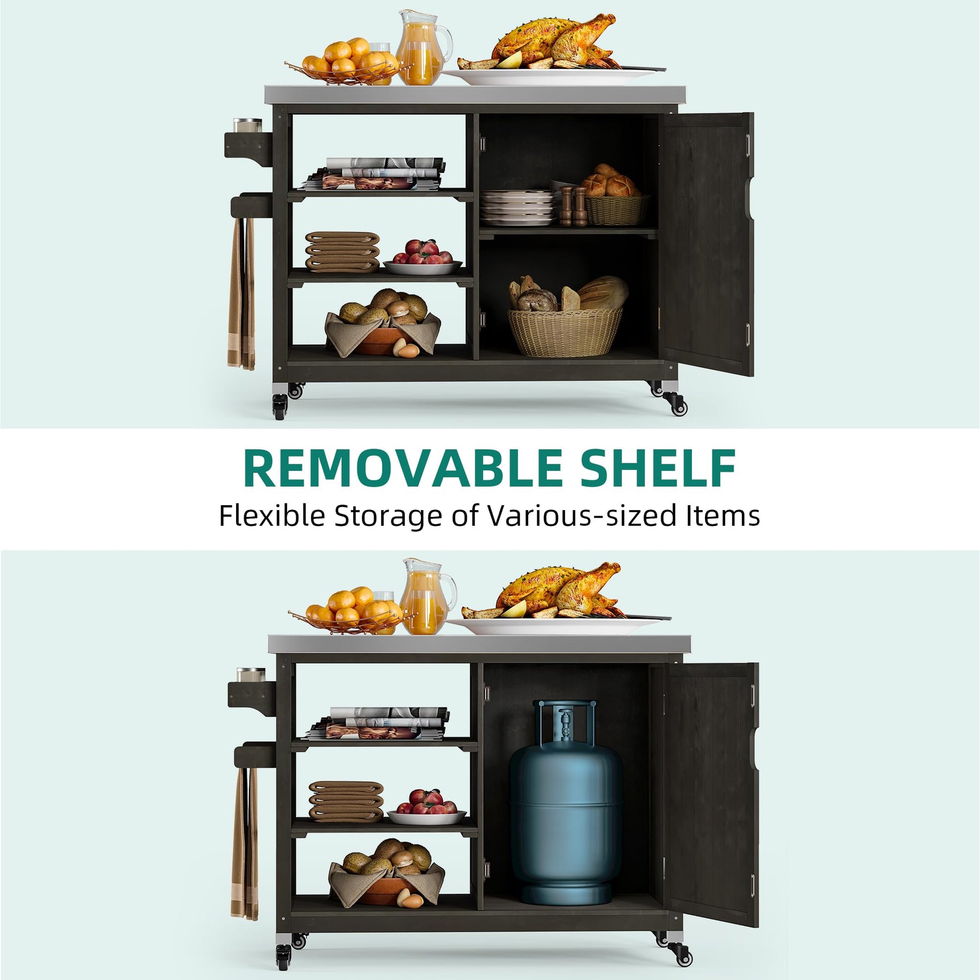 YITAHOME XL Solid Wood Outdoor Grill Cart Storage Cabinet with Stainless Steel Table Top and Spice Rack, 53.74’’ L x 20.27’’ W Patio Bar Cart, Outdoor Kitchen with Lockable Wheels, Single Door Brown - CookCave