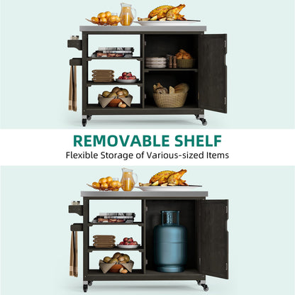 YITAHOME XL Solid Wood Outdoor Grill Cart Storage Cabinet with Stainless Steel Table Top and Spice Rack, 53.74’’ L x 20.27’’ W Patio Bar Cart, Outdoor Kitchen with Lockable Wheels, Single Door Brown - CookCave