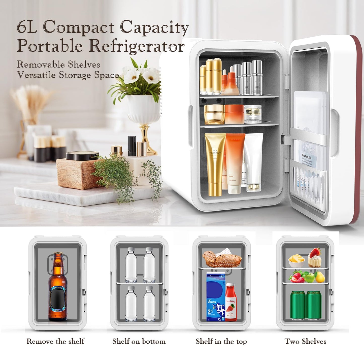 YLFU Skincare Fridge, 6L/10 Can Mini Fridge for Bedroom with Dimmable LED Mirror, Portable Cooler & Warmer Small Compact Refrigerator for Skincare, Cosmetics, Bedroom and Office, White - CookCave