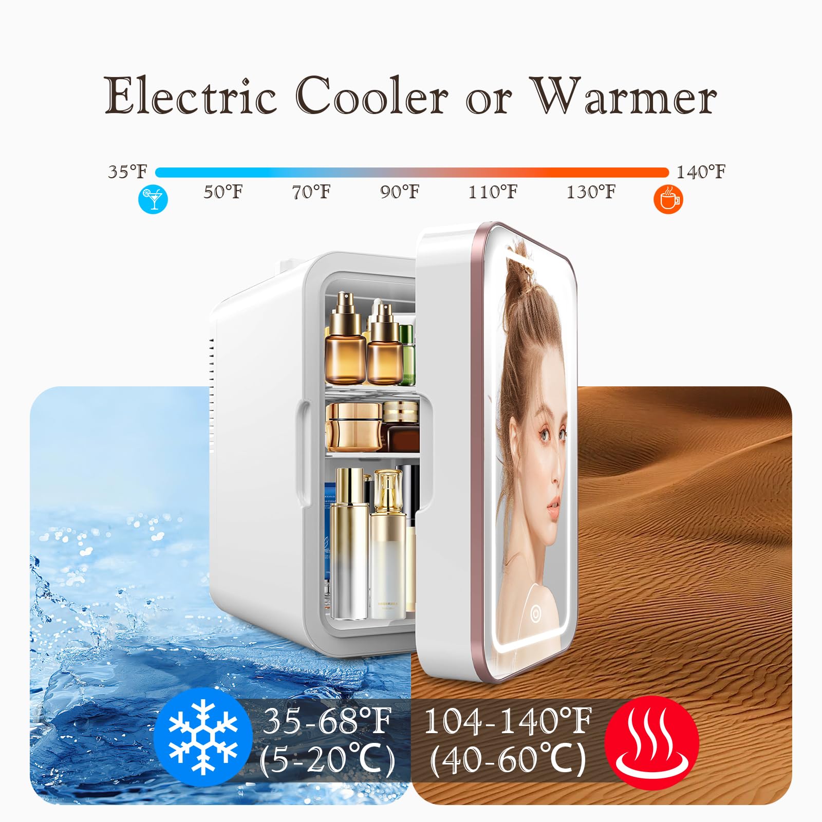 YLFU Skincare Fridge, 6L/10 Can Mini Fridge for Bedroom with Dimmable LED Mirror, Portable Cooler & Warmer Small Compact Refrigerator for Skincare, Cosmetics, Bedroom and Office, White - CookCave