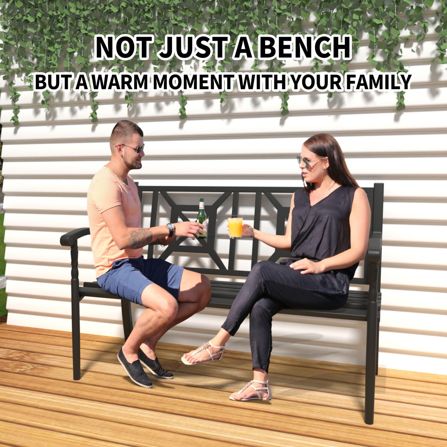 YLGJ&TIDY 50" Heavy Duty Iron Outdoor Bench - Weatherproof with Ergonomic Backrest & Armrests for Garden, Park, Patio, Porch, Lawn, Yard - CookCave