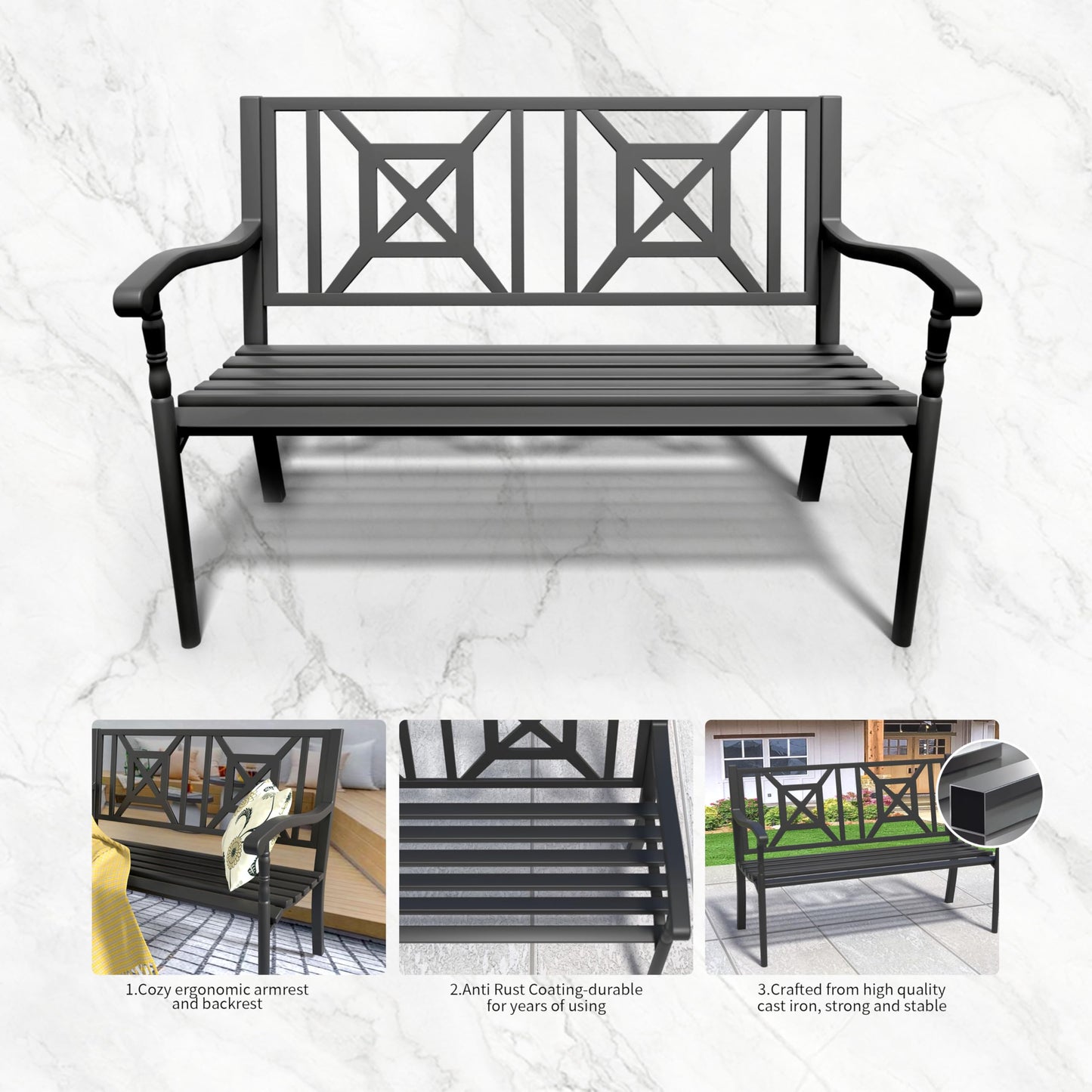 YLGJ&TIDY 50" Heavy Duty Iron Outdoor Bench - Weatherproof with Ergonomic Backrest & Armrests for Garden, Park, Patio, Porch, Lawn, Yard - CookCave