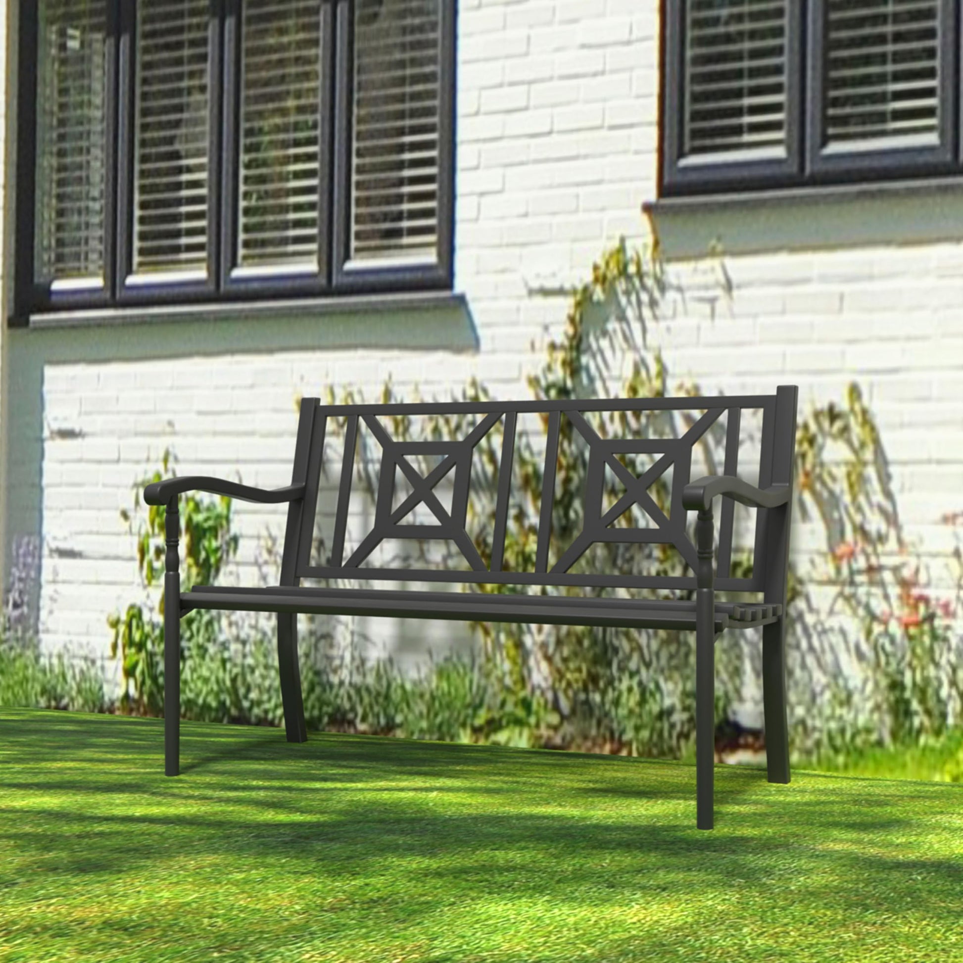 YLGJ&TIDY 50" Heavy Duty Iron Outdoor Bench - Weatherproof with Ergonomic Backrest & Armrests for Garden, Park, Patio, Porch, Lawn, Yard - CookCave