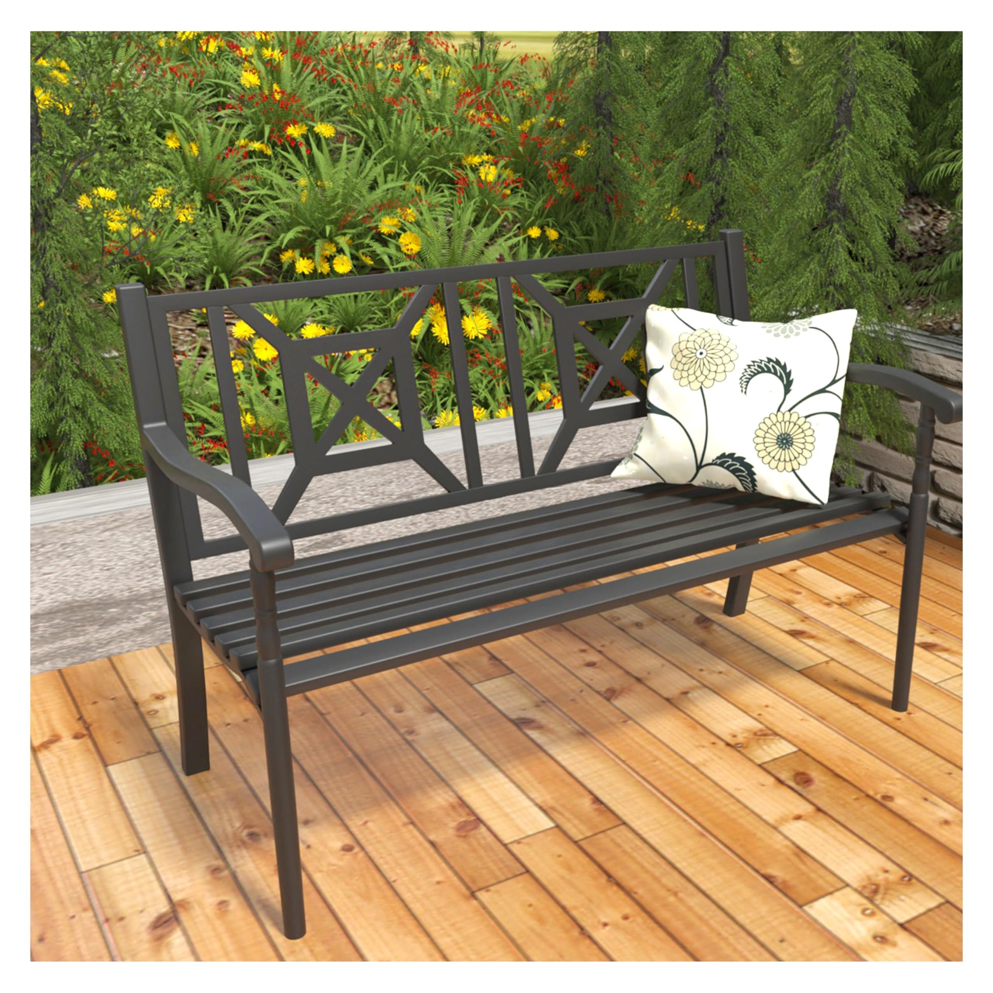 YLGJ&TIDY 50" Heavy Duty Iron Outdoor Bench - Weatherproof with Ergonomic Backrest & Armrests for Garden, Park, Patio, Porch, Lawn, Yard - CookCave
