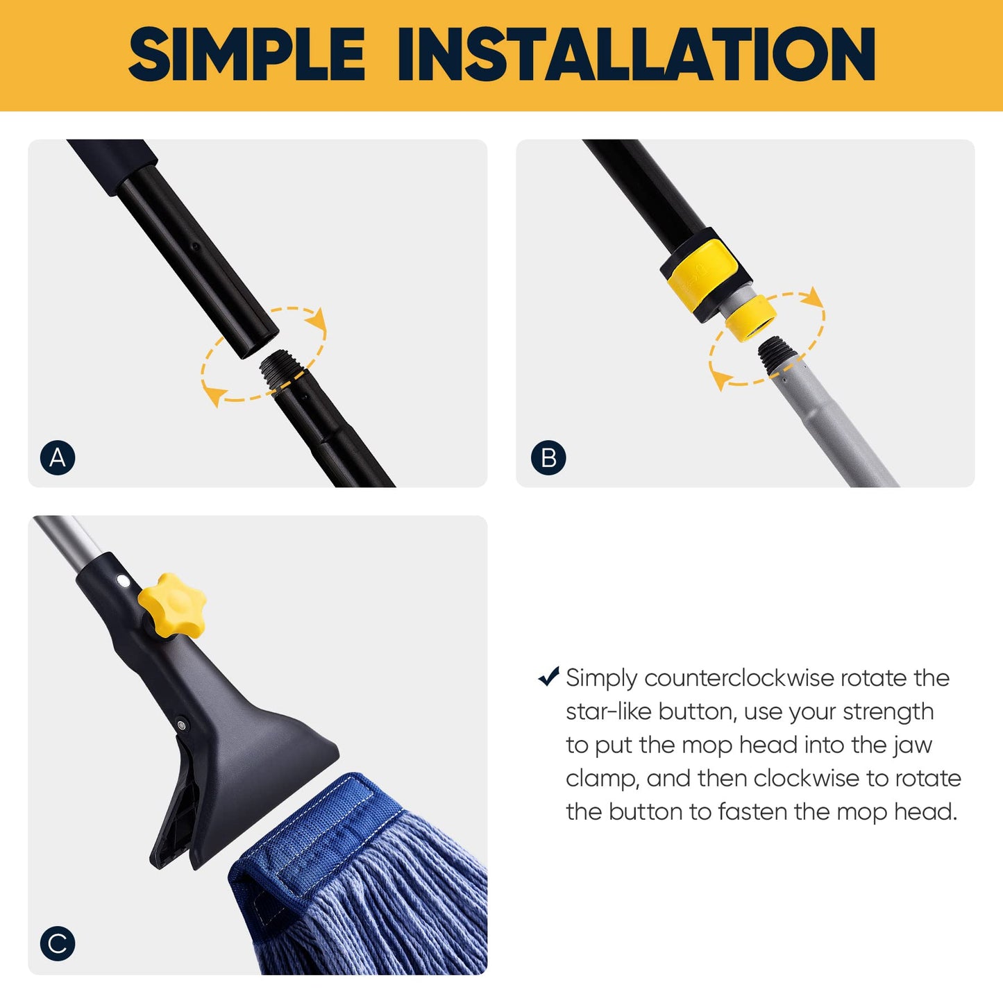 Yocada Looped-End String Wet Mop Heavy Duty Cotton Mop Commercial Industrial Grade Telescopic Iron Pole Jaw Clamp Floor Cleaning 55.1 inch - CookCave