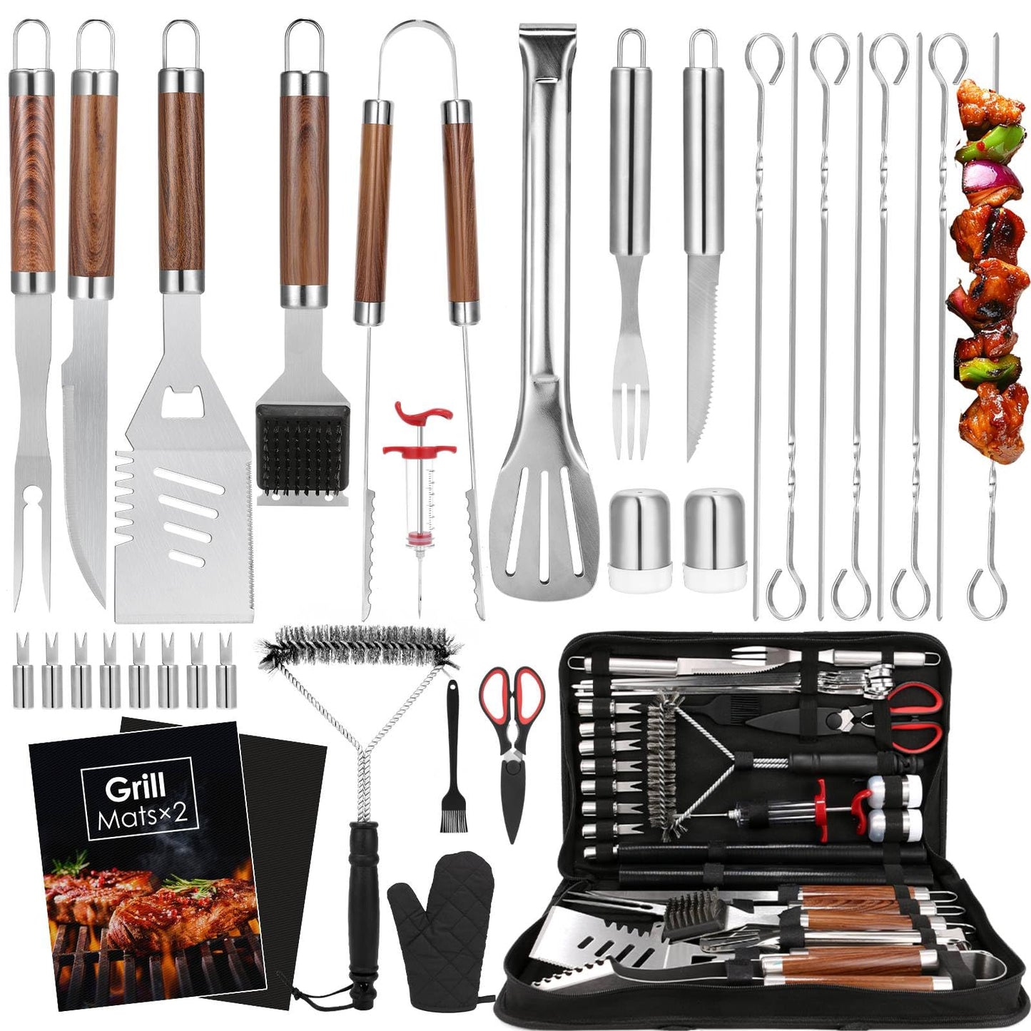 Yoehka BBQ Grilling Accessories Set, 34Pcs Heavy Duty Grill Tools for Outdoor Camping, Grilling Gifts for Men Dad, Stainless Steel Barbecue Utensils Kit with Mats and Glove in Carrying Bag, Brown - CookCave