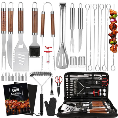 Yoehka BBQ Grilling Accessories Set, 34Pcs Heavy Duty Grill Tools for Outdoor Camping, Grilling Gifts for Men Dad, Stainless Steel Barbecue Utensils Kit with Mats and Glove in Carrying Bag, Brown - CookCave