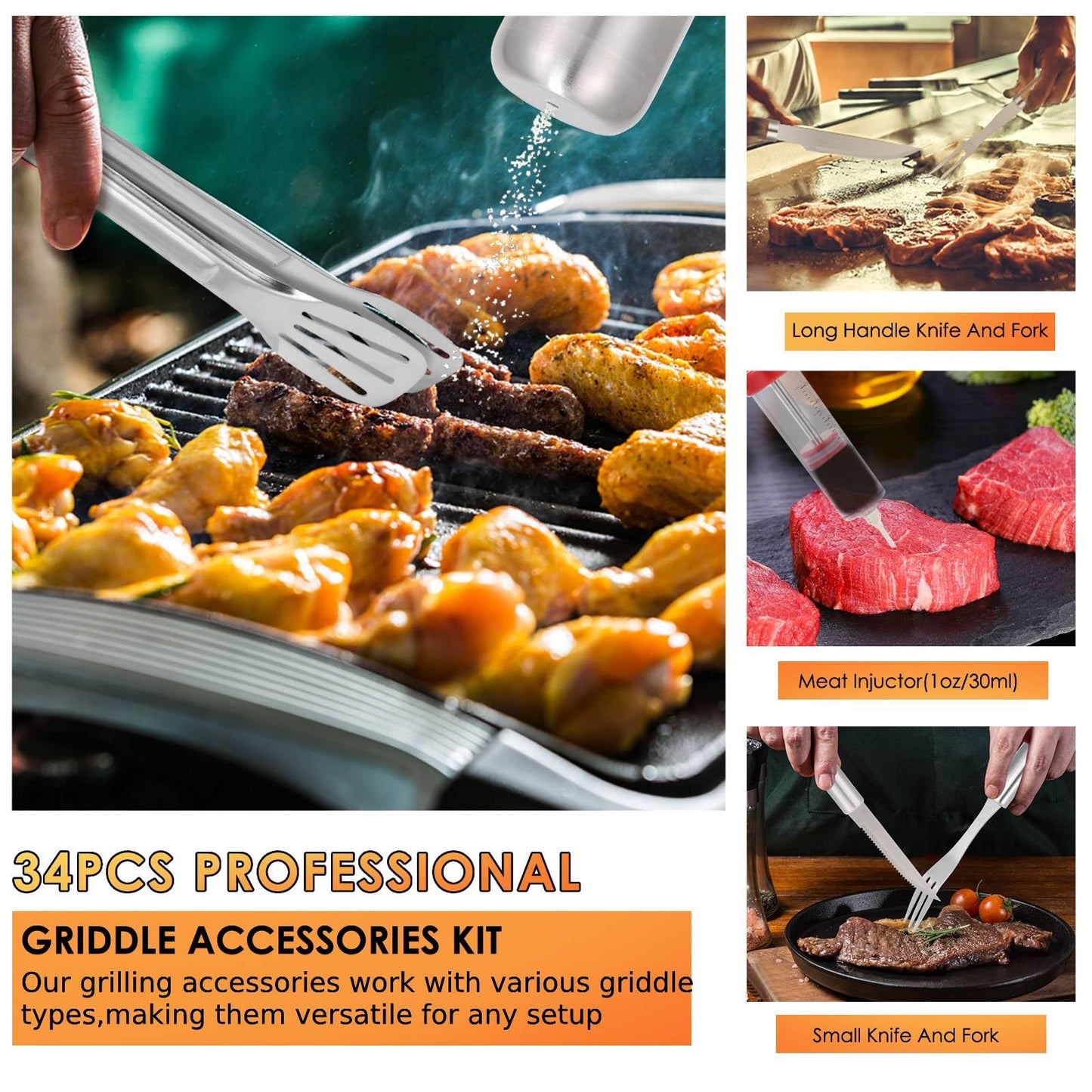 Yoehka BBQ Grilling Accessories Set, 34Pcs Heavy Duty Grill Tools for Outdoor Camping, Grilling Gifts for Men Dad, Stainless Steel Barbecue Utensils Kit with Mats and Glove in Carrying Bag, Brown - CookCave