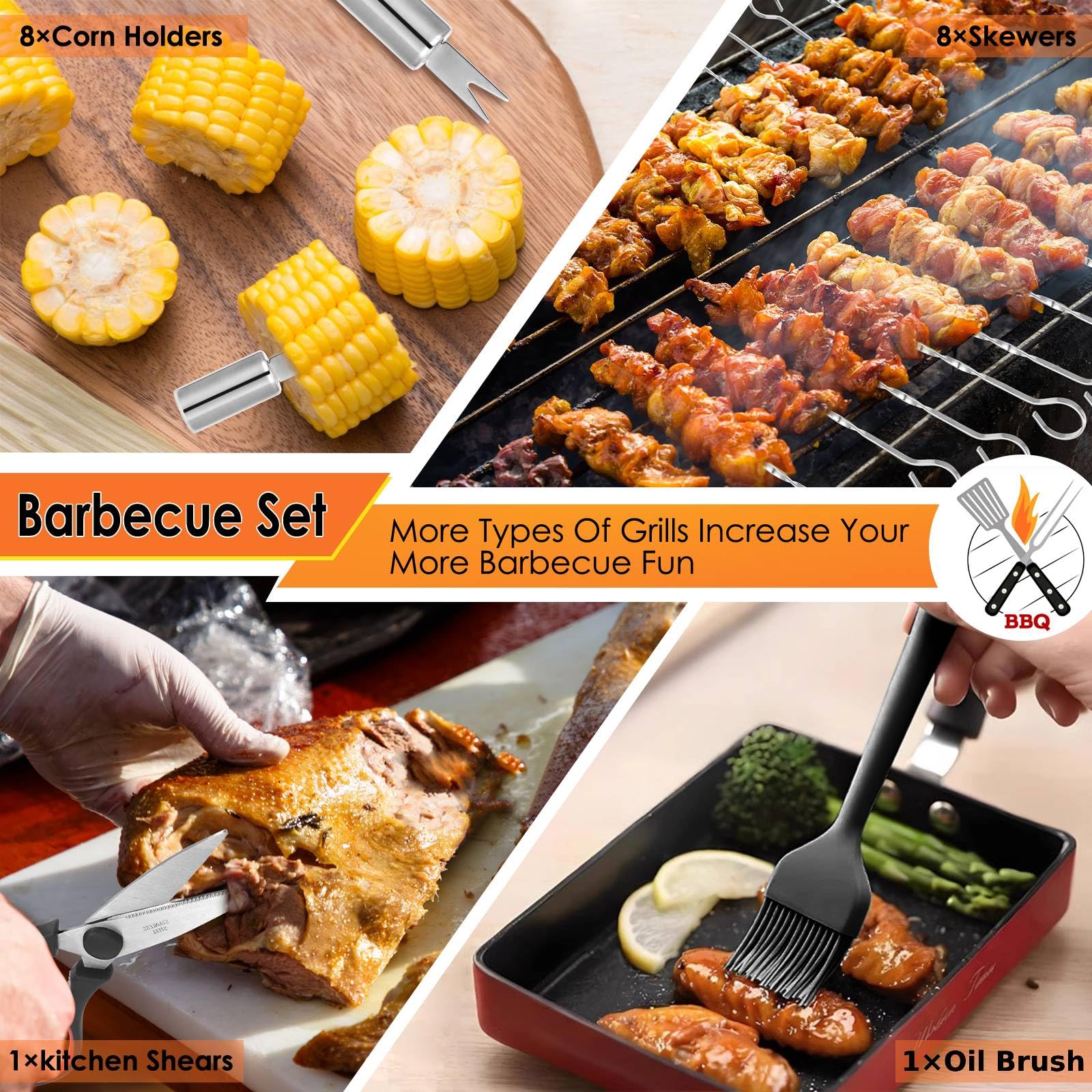 Yoehka BBQ Grilling Accessories Set, 34Pcs Heavy Duty Grill Tools for Outdoor Camping, Grilling Gifts for Men Dad, Stainless Steel Barbecue Utensils Kit with Mats and Glove in Carrying Bag, Brown - CookCave