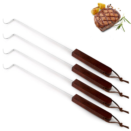 YOUEON 4 Pack 17 Inch Pigtail Food Flipper with Wooden Handle, Stainless Steel Meat Hook Turner Grill Tools, BBQ Turner for BBQ Ribs, Steak, Fish, Chicken, Sausage, Vegetables - CookCave