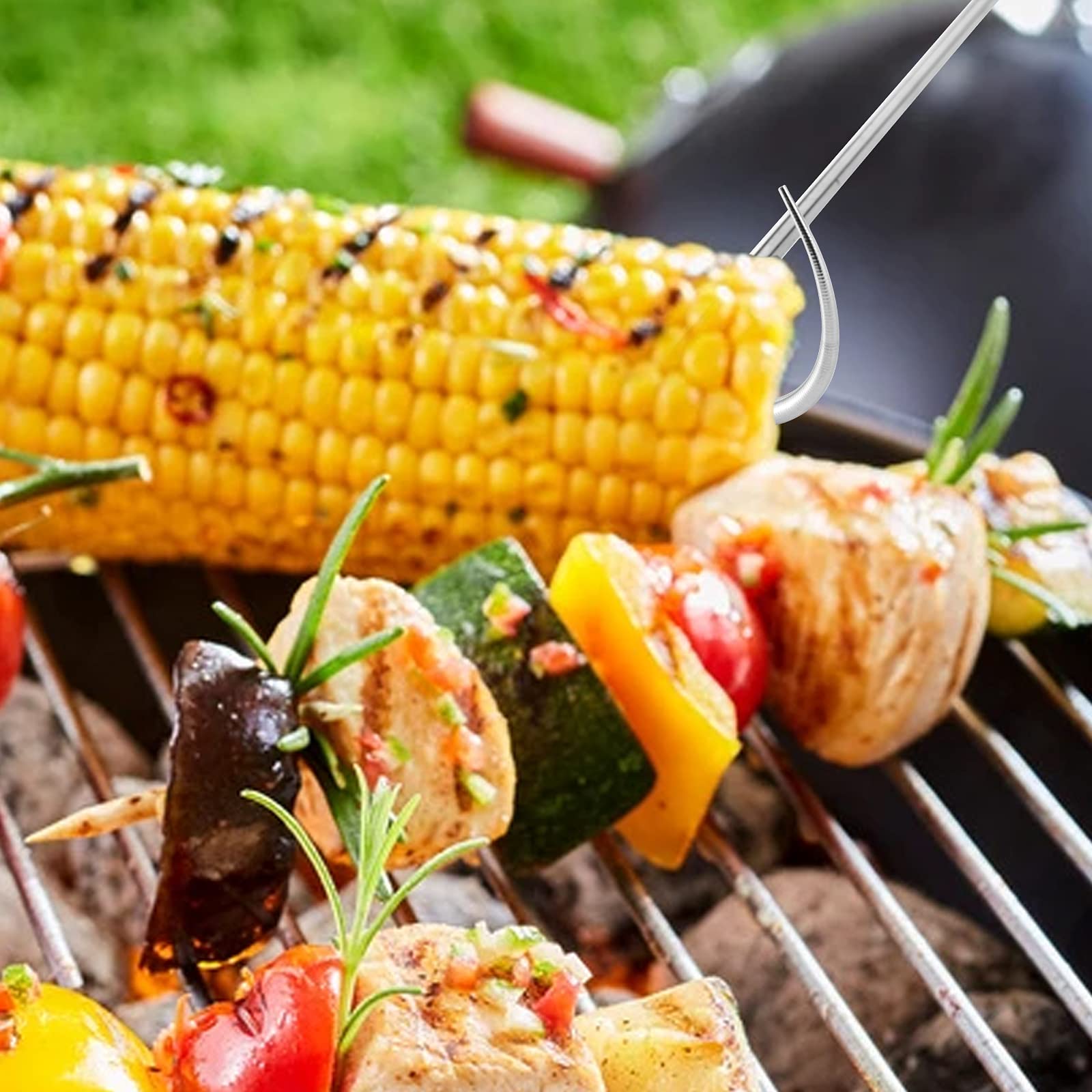 YOUEON 4 Pack 17 Inch Pigtail Food Flipper with Wooden Handle, Stainless Steel Meat Hook Turner Grill Tools, BBQ Turner for BBQ Ribs, Steak, Fish, Chicken, Sausage, Vegetables - CookCave