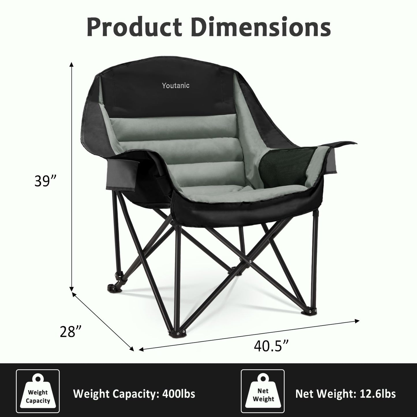 Youtanic Oversized Camping Chair, Portable Folding Camping Chairs with Side Pocket, Cup Holder and Carry Bag, Heavy Duty Outdoor Camping Chairs for Adults, Fishing, Sports, Trip, up to 400lbs, Style 4 - CookCave