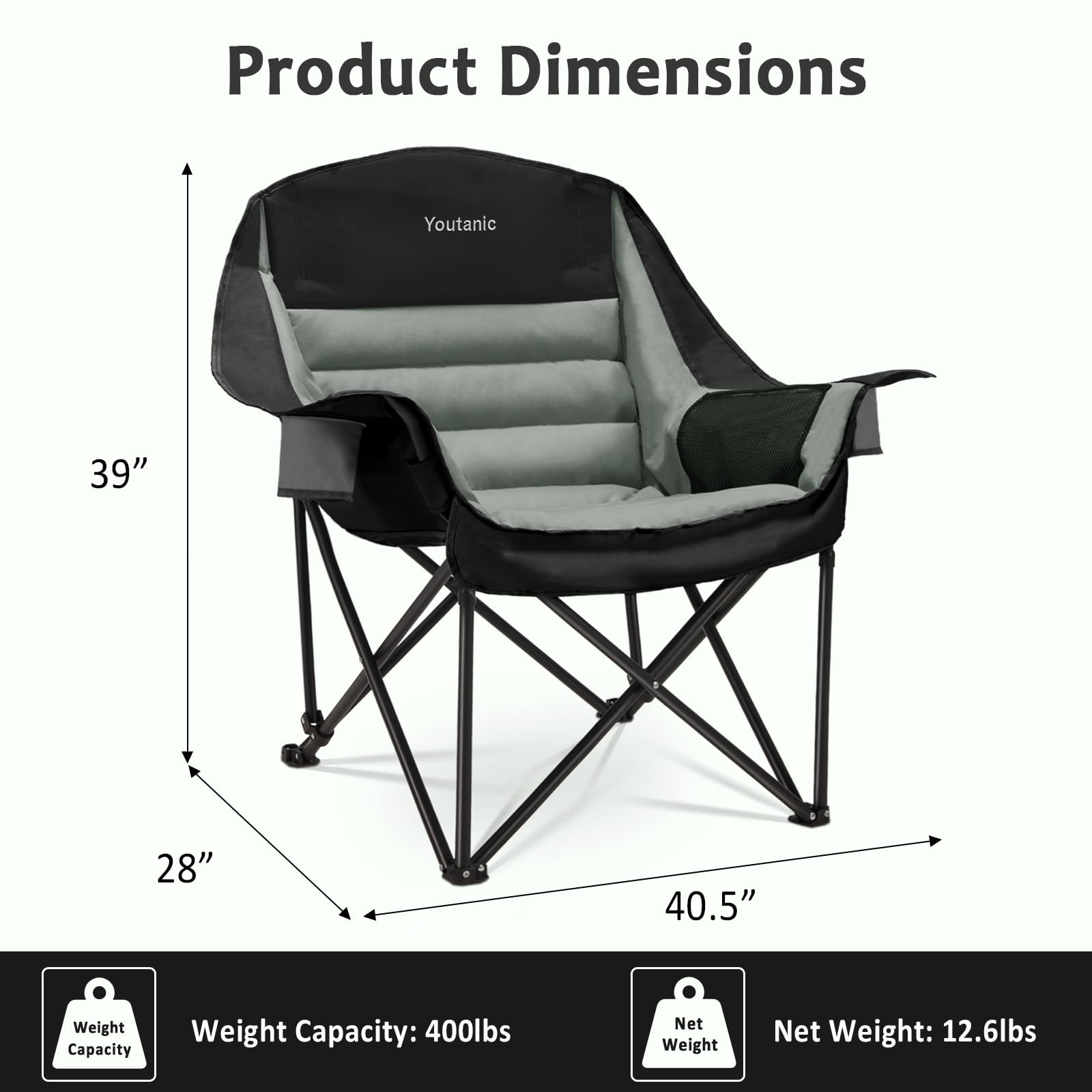Youtanic Oversized Camping Chair, Portable Folding Camping Chairs with Side Pocket, Cup Holder and Carry Bag, Heavy Duty Outdoor Camping Chairs for Adults, Fishing, Sports, Trip, up to 400lbs, Style 4 - CookCave