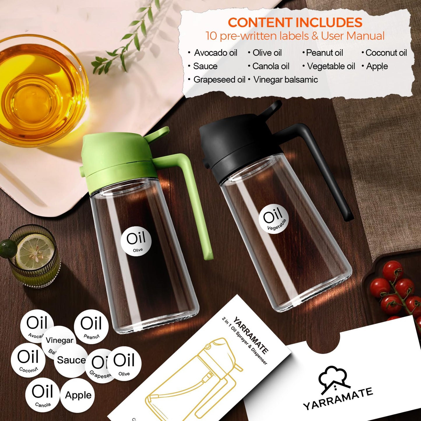 YRRAMATE 16oz/470ml Glass Olive Oil Sprayer for Cooking with Stickers, 2 in 1 Oil Dispenser for Kitchen Gadgets, Food Grade Premium Spray Bottle with Portion Control for Salad, Frying, BBQ (Black) - CookCave