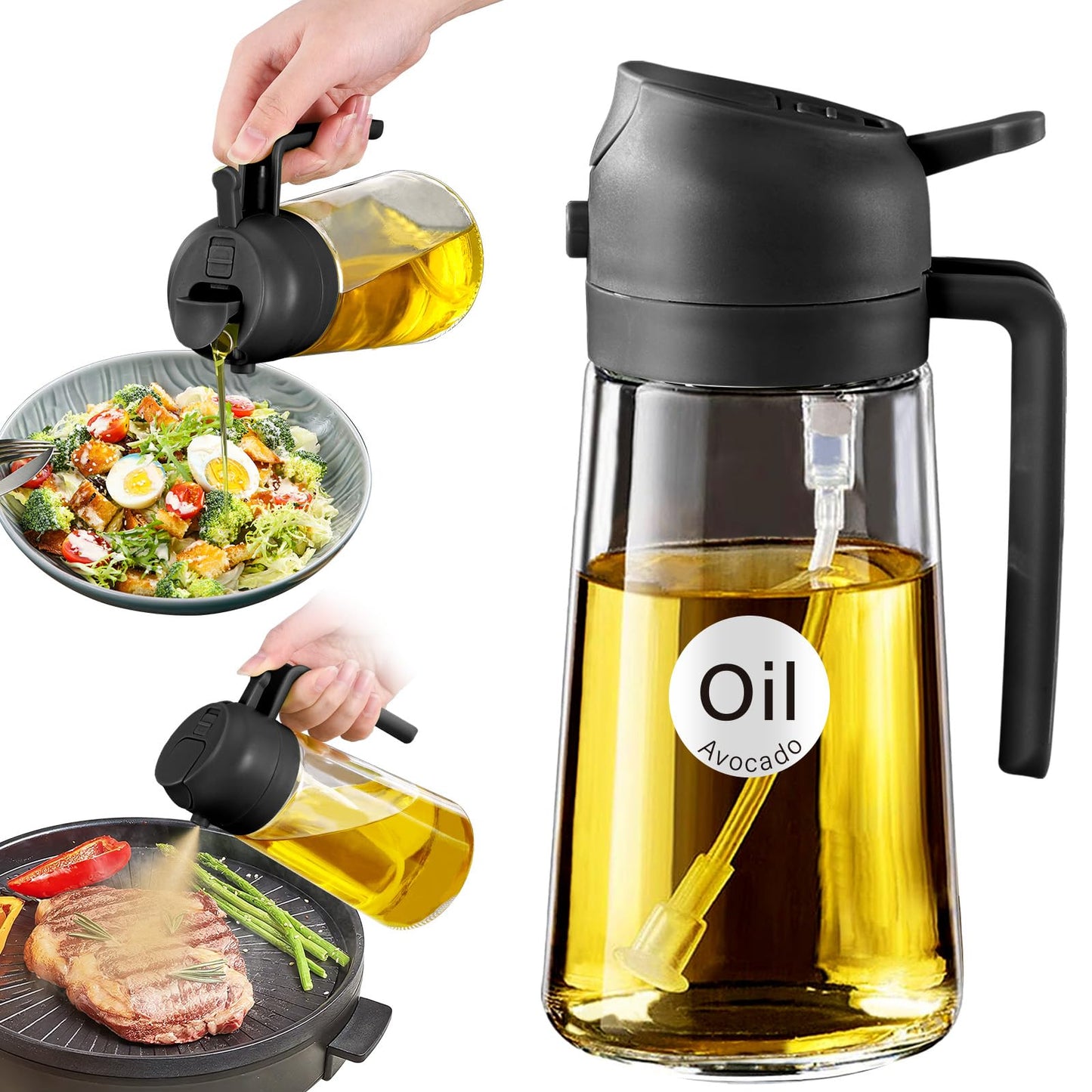YRRAMATE 16oz/470ml Glass Olive Oil Sprayer for Cooking with Stickers, 2 in 1 Oil Dispenser for Kitchen Gadgets, Food Grade Premium Spray Bottle with Portion Control for Salad, Frying, BBQ (Black) - CookCave