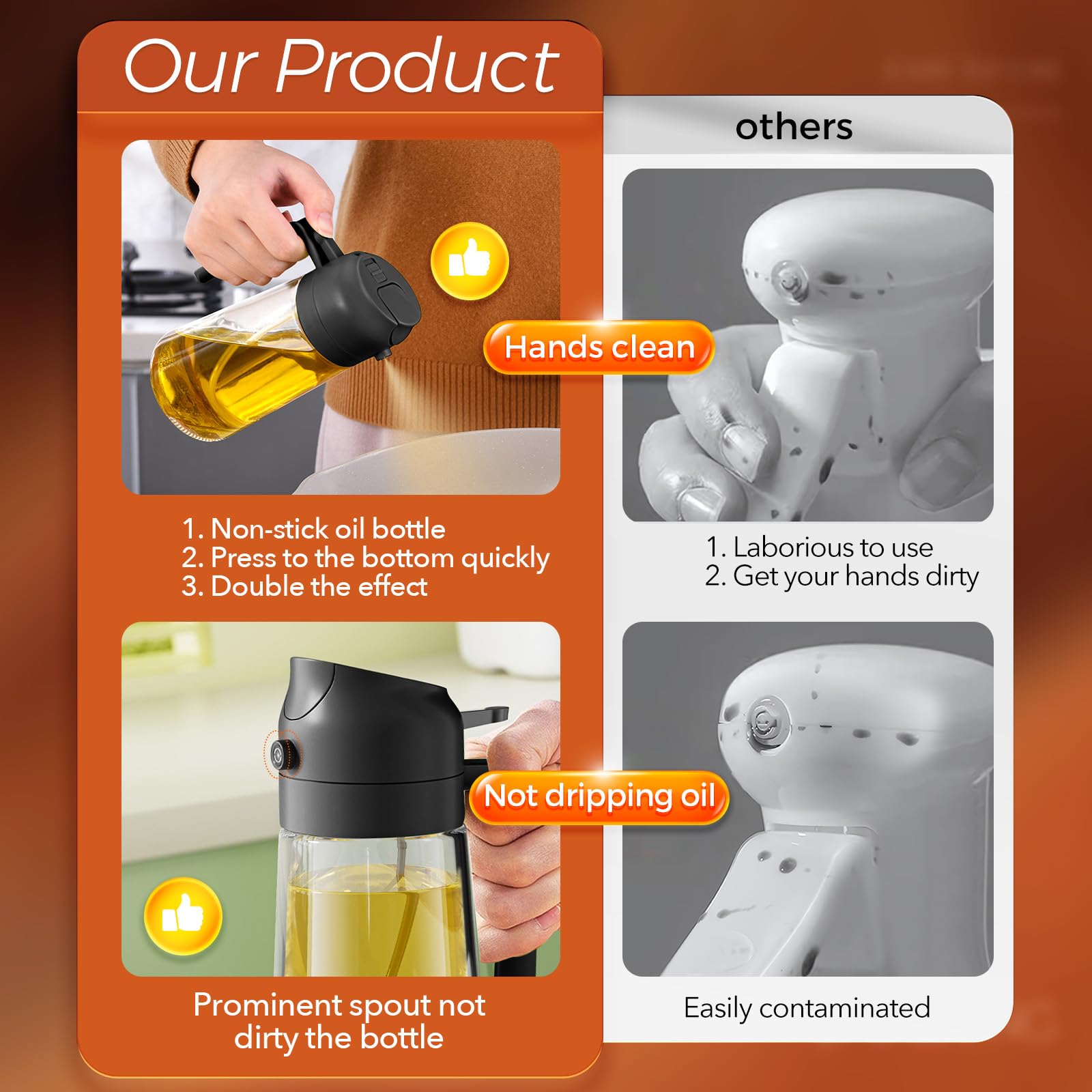 YRRAMATE 16oz/470ml Glass Olive Oil Sprayer for Cooking with Stickers, 2 in 1 Oil Dispenser for Kitchen Gadgets, Food Grade Premium Spray Bottle with Portion Control for Salad, Frying, BBQ (Black) - CookCave