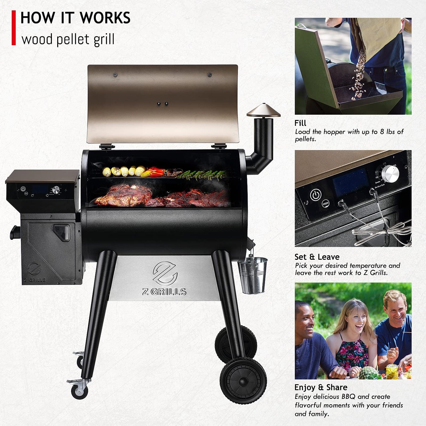 Z GRILLS Upgrade 8 in 1 Wood Pellet Grill & Smoker for Outdoor Cooking, BBQ Grill with PID 2.0 Controller, LCD Screen, 697 sq, Meat Probes, Rain Cover - CookCave