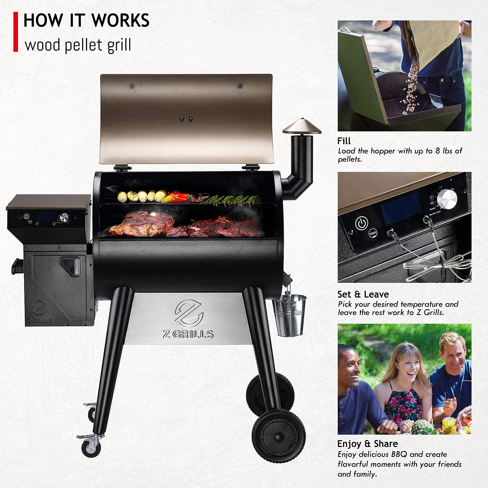 Z GRILLS Upgrade 8 in 1 Wood Pellet Grill & Smoker for Outdoor Cooking, BBQ Grill with PID 2.0 Controller, LCD Screen, 697 sq, Meat Probes, Rain Cover - CookCave