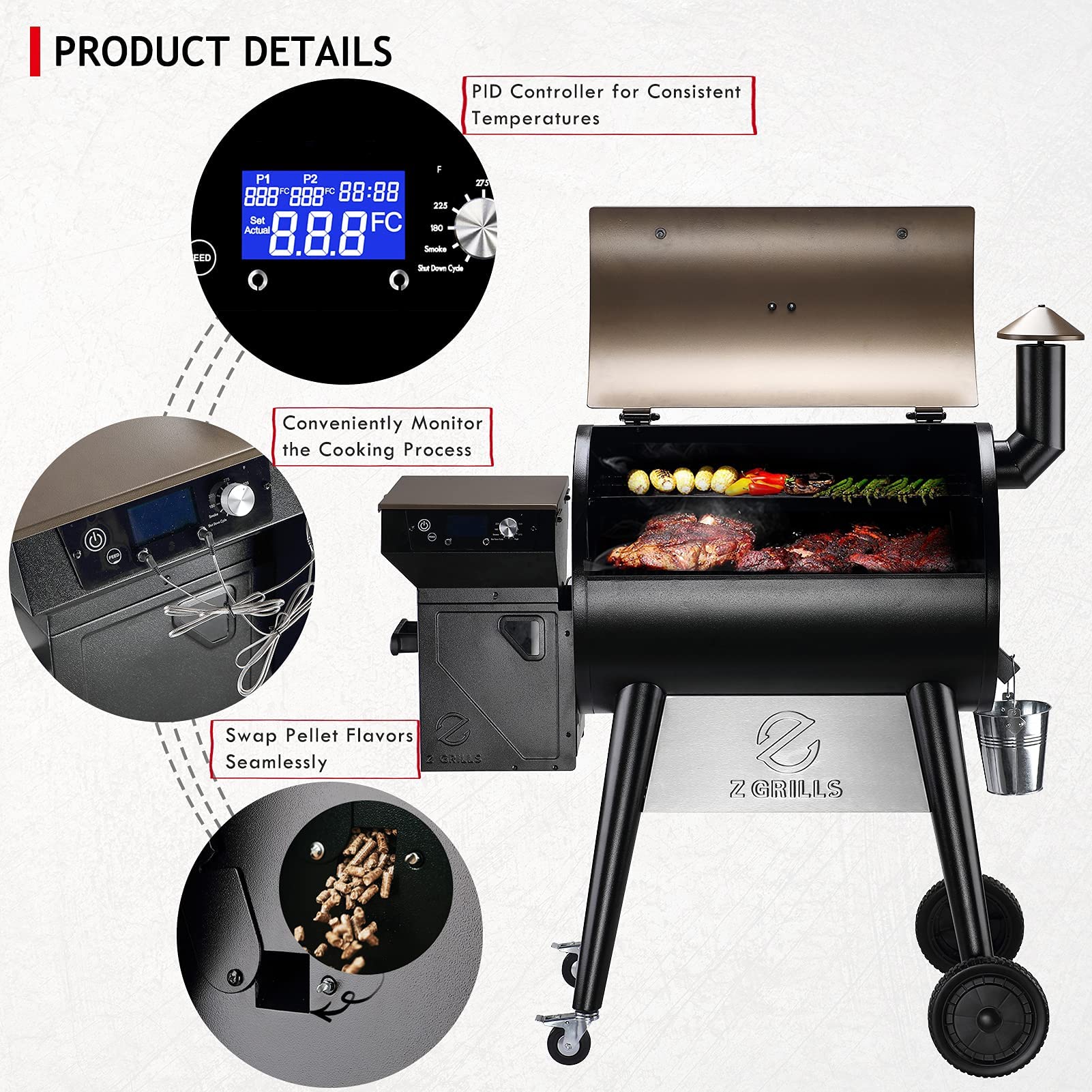 Z GRILLS Upgrade 8 in 1 Wood Pellet Grill & Smoker for Outdoor Cooking, BBQ Grill with PID 2.0 Controller, LCD Screen, 697 sq, Meat Probes, Rain Cover - CookCave
