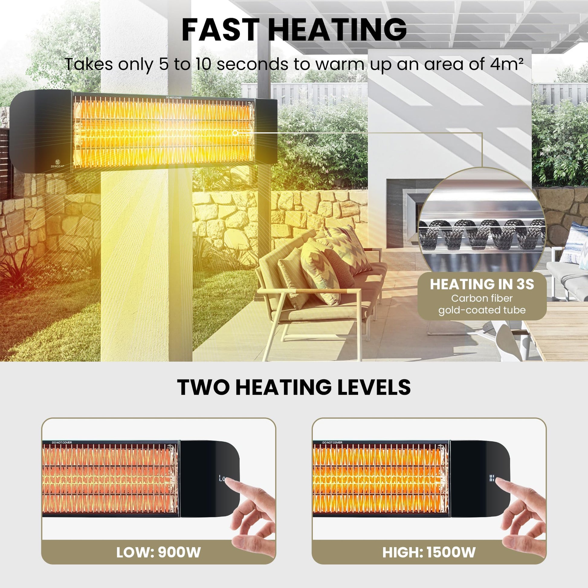 ZeboZap Infrared Electric Patio Heater with Strap to Post | Wall Mounted Gazebo Outdoor Heater, Space Heaters for Indoor 1500W Remote Control - CookCave