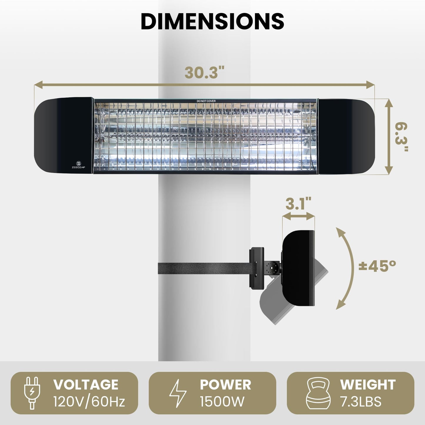 ZeboZap Infrared Electric Patio Heater with Strap to Post | Wall Mounted Gazebo Outdoor Heater, Space Heaters for Indoor 1500W Remote Control - CookCave