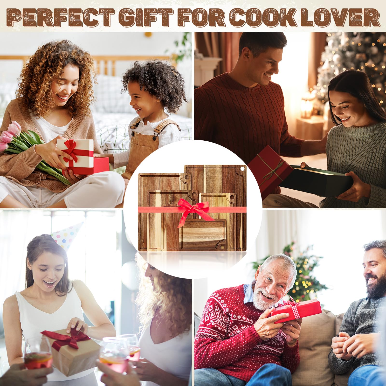 Ziliny Set of 6 Acacia Wood Cutting Board for Kitchen Set Charcuterie Boards Wooden Chopping Board for Meat,17 x 12, 15 x 10, 12 x 10, 11 x 7, Double 9 x 6.1 Inch, Housewarming Gifts - CookCave