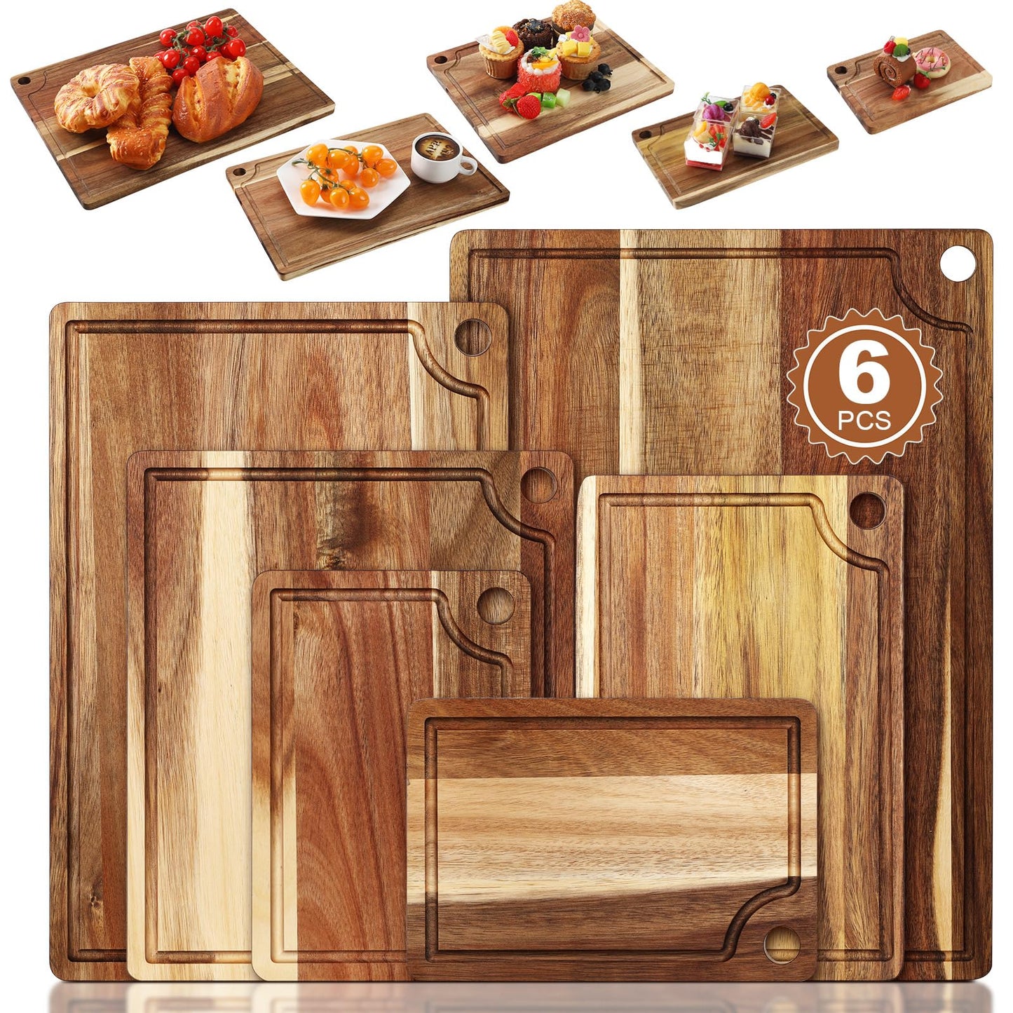 Ziliny Set of 6 Acacia Wood Cutting Board for Kitchen Set Charcuterie Boards Wooden Chopping Board for Meat,17 x 12, 15 x 10, 12 x 10, 11 x 7, Double 9 x 6.1 Inch, Housewarming Gifts - CookCave
