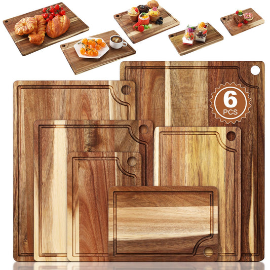 Ziliny Set of 6 Acacia Wood Cutting Board for Kitchen Set Charcuterie Boards Wooden Chopping Board for Meat,17 x 12, 15 x 10, 12 x 10, 11 x 7, Double 9 x 6.1 Inch, Housewarming Gifts - CookCave