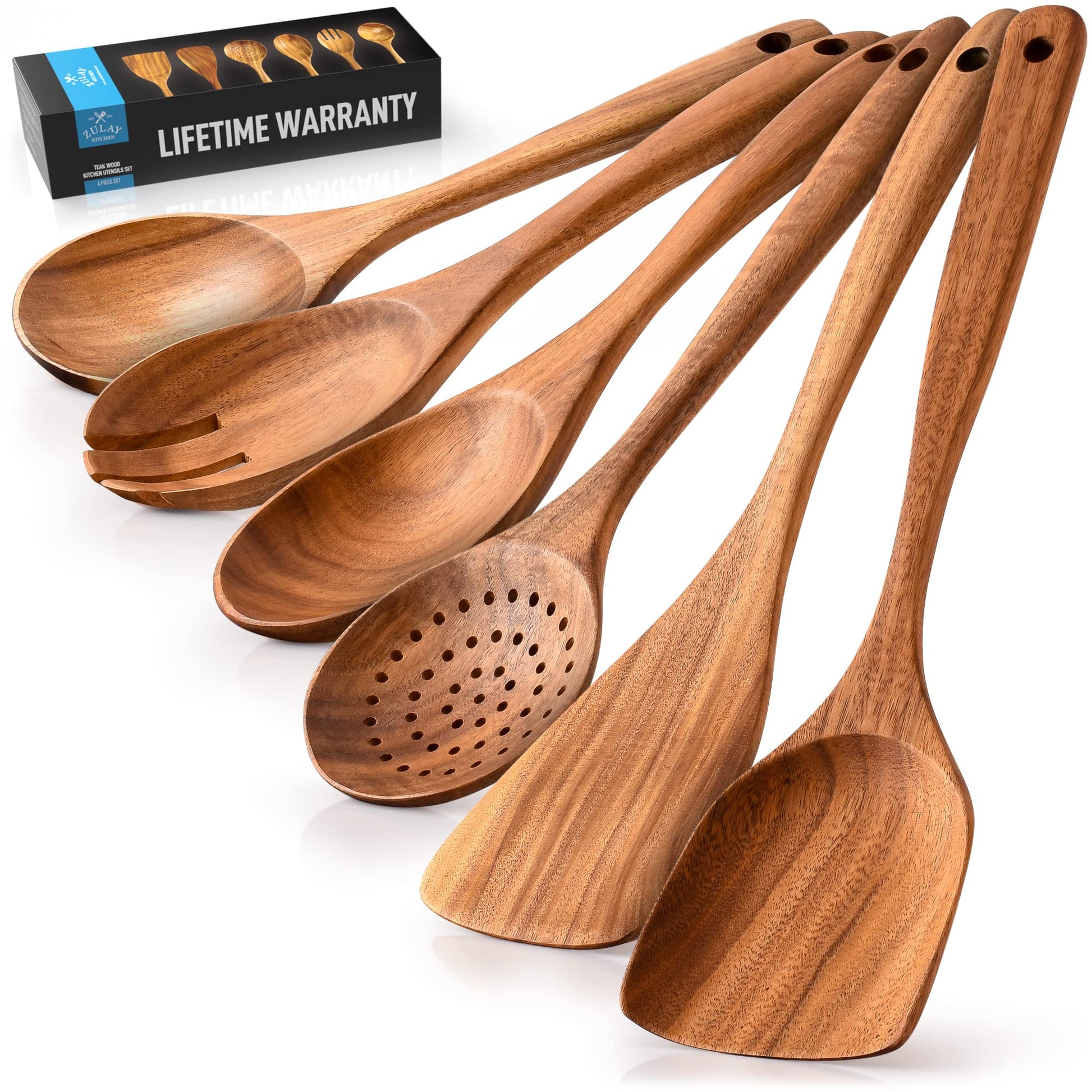 Zulay Kitchen 6-Piece Wooden Spoons for Cooking - Smooth Finish Teak Wooden Utensils for Cooking - Soft Comfort-Grip Wood Spoons for Cooking - Non-Stick Wooden Cooking Utensils - Wooden Spoon Sets - CookCave